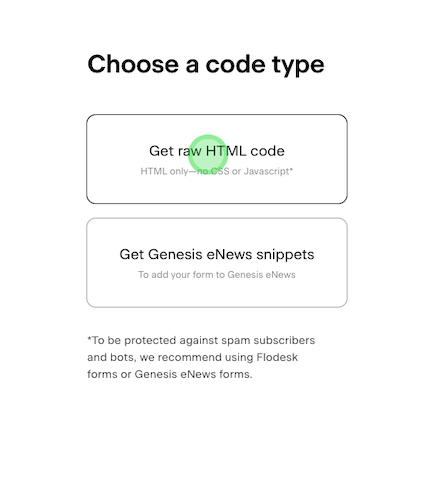 Flodesk Advanced Option to choose the type of html code to copy.
