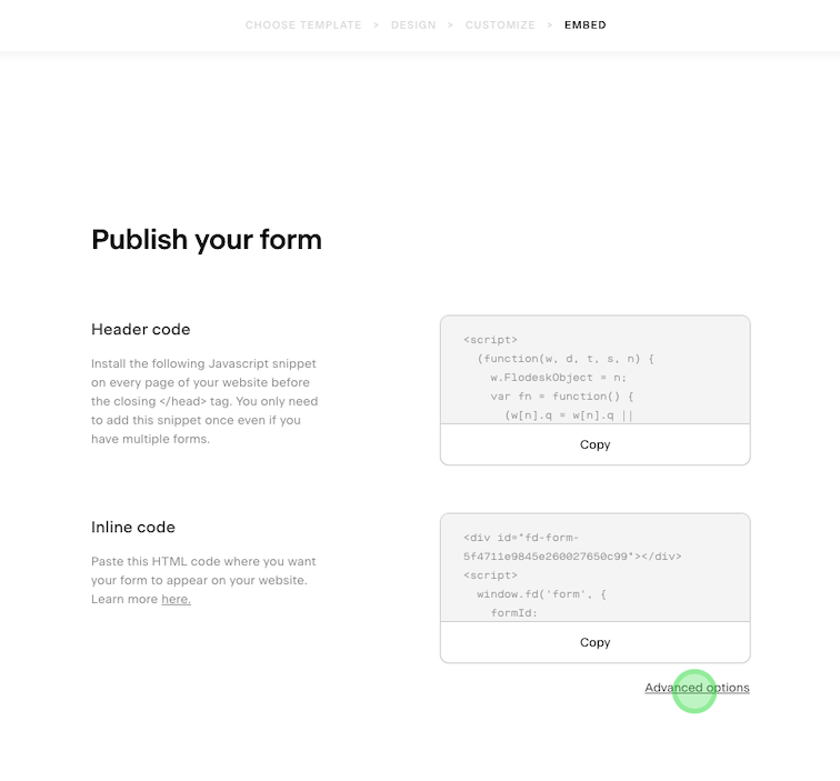Flodesk Form publish screen that allows users to choose which type of code they want to copy for their website platform.