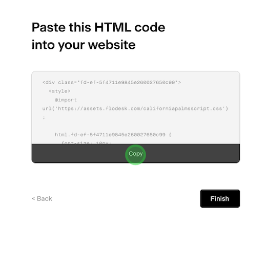 Flodesk window to copy HTML code for embedding on a website.