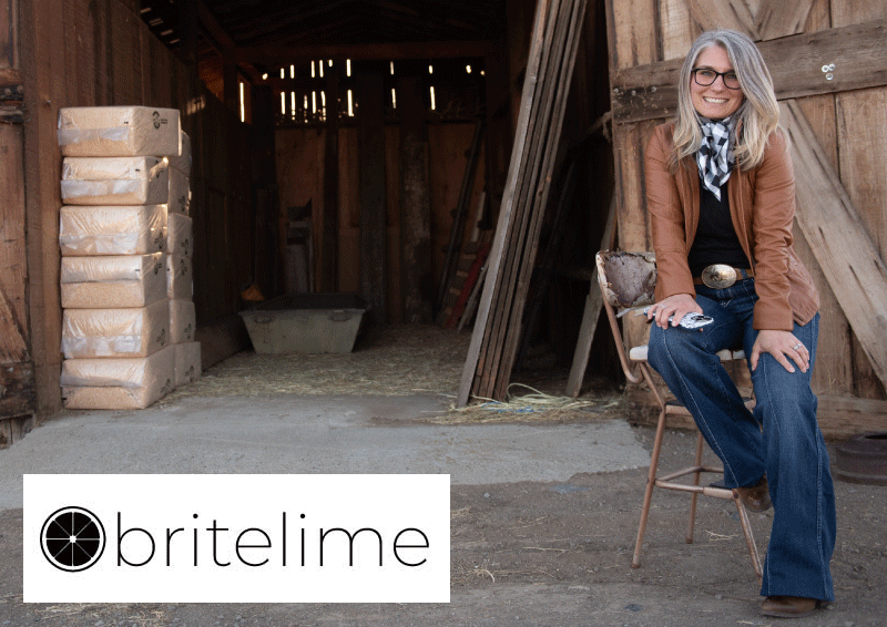 britelime founder and website designer Liz Langford-Cobo in front of a barn. Image has a black britelime logo on top of a white box on top of the image.
