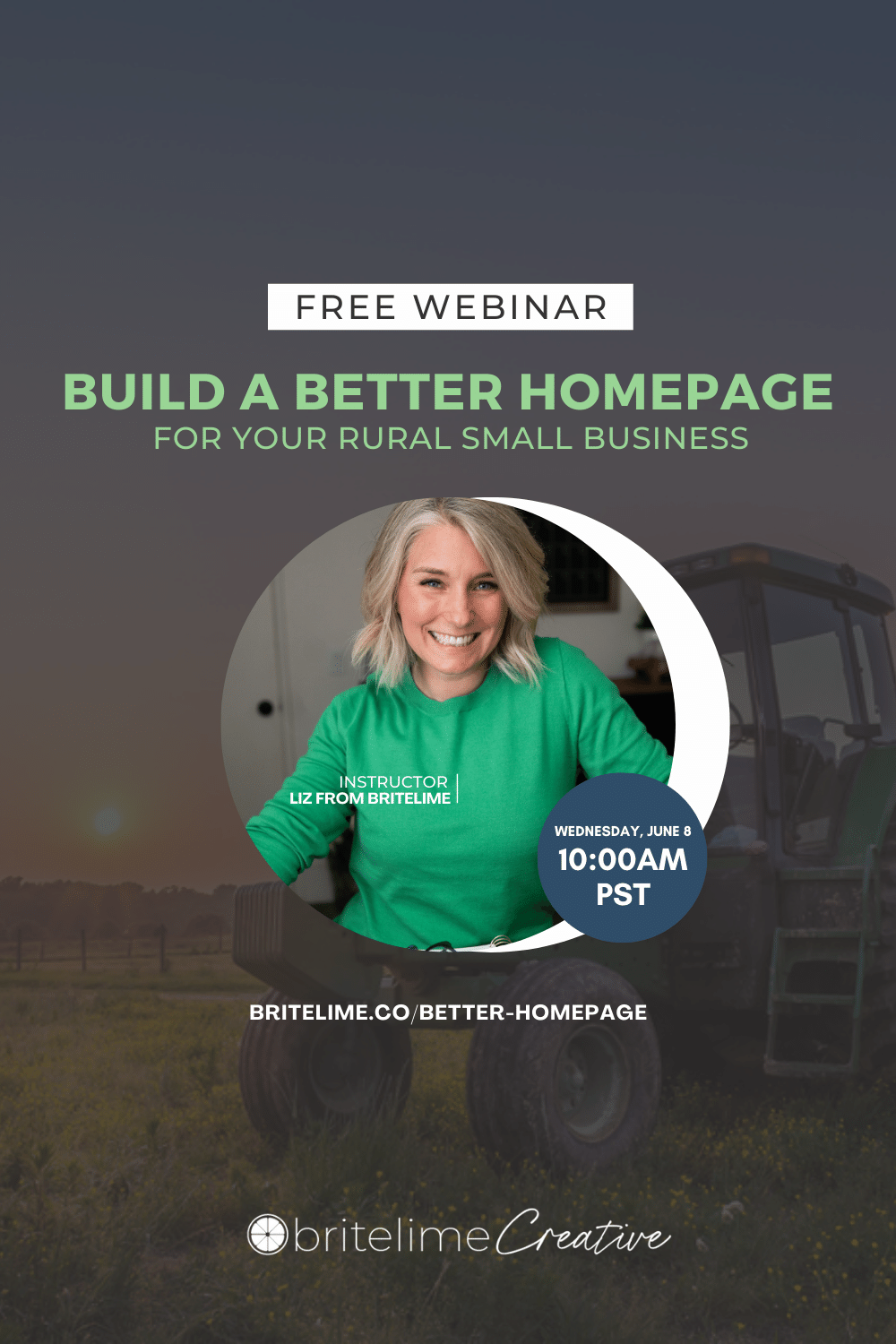 Promo graphic for the Build a Better Homepage Free Webinar. Includes photo of Liz from britelime and webinar details.