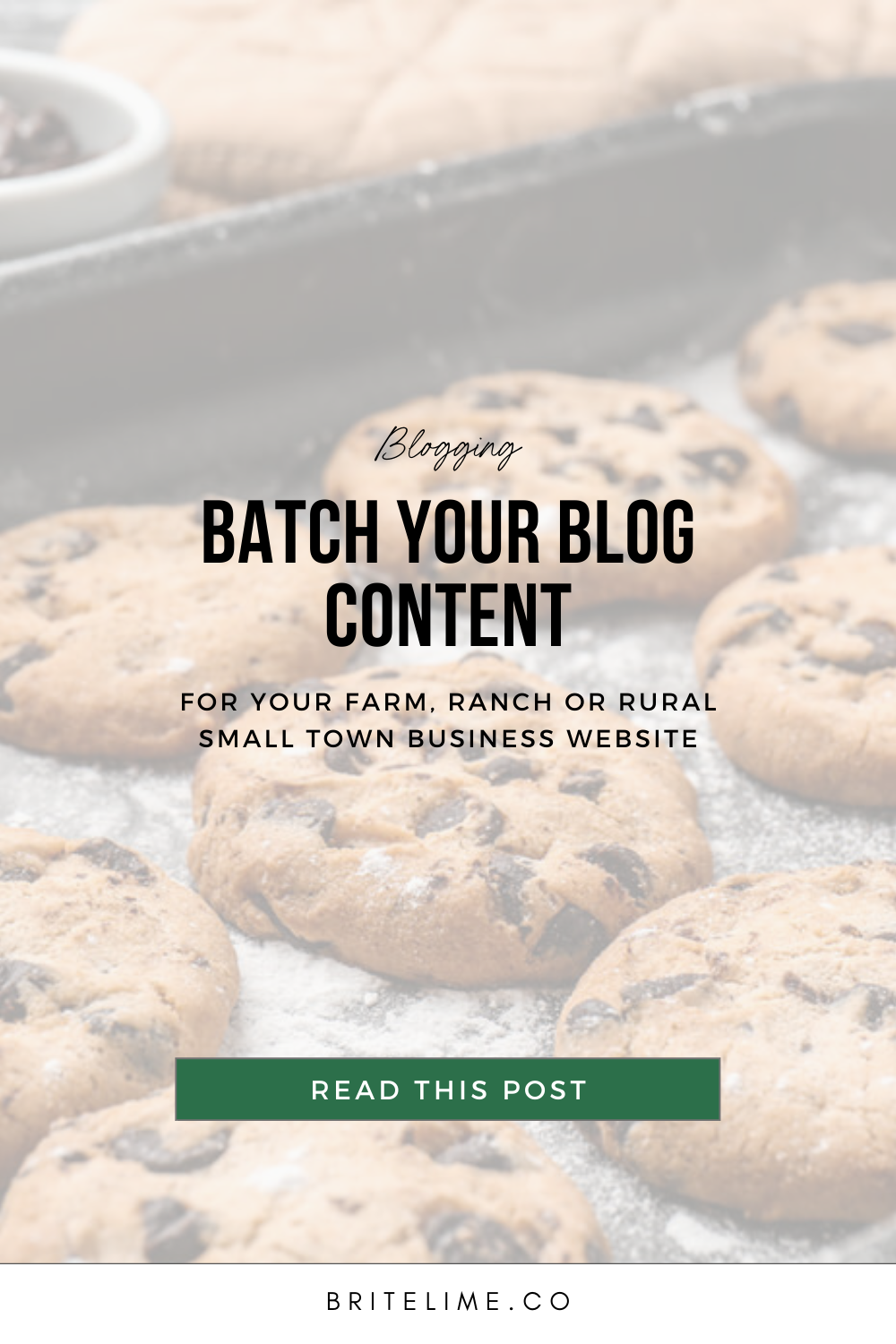 Graphic image overlayed on a picture of chocolate chip cookies. Text reads: Batch Your Blog Content for your farm, ranch or rural small business website.