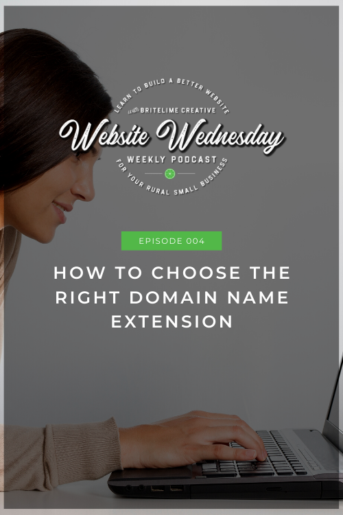 Image of a woman sitting at a laptop with a black opaque overlay with the Website Wednesday logo overlayed and the words, Episode 004: How to Choose the Right Domain Name Extension