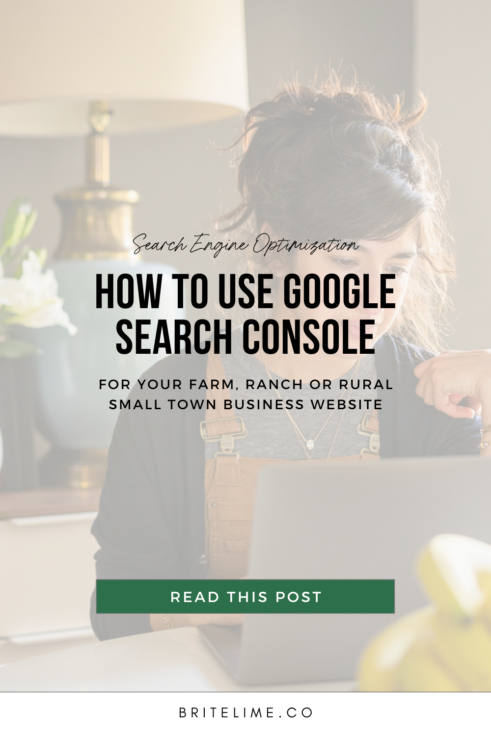 Post cover image showing a woman in overalls sitting at a laptop. Graphic overlay reads: How to Use Google Search Console