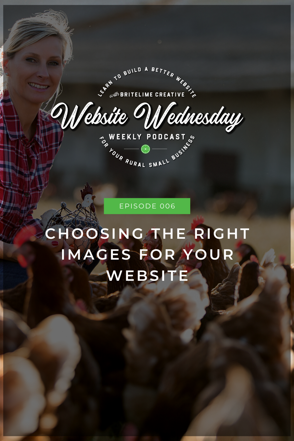 Image of a woman with lots of chickens and a basket full of eggs with an opaque black rectangle over the image and text that reads: Episode 006, Choosing the Right Images for Your Website